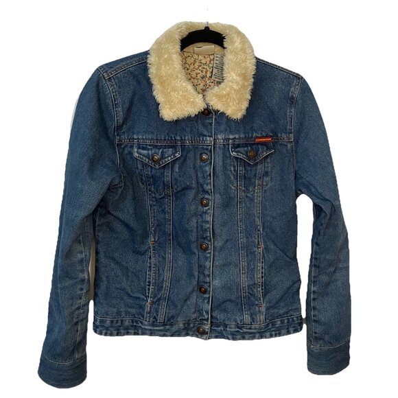 Y2K Roxy Jean Jacket Womens M Faux Fur Trim Gilmore Girls Lorelai 2000s Snap - Picture 1 of 9